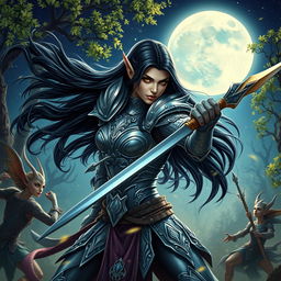 A stunning female warrior with long black hair, inspired by a mystical moon theme, fiercely battling against elves in a fantastical forest setting