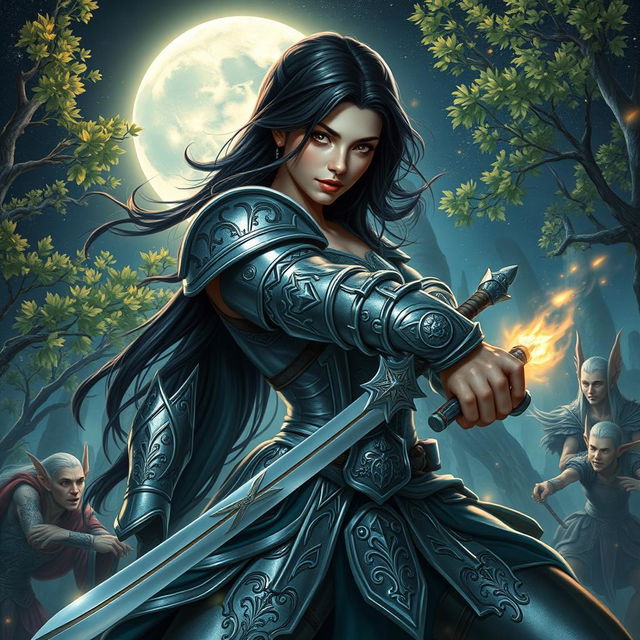 A stunning female warrior with long black hair, inspired by a mystical moon theme, fiercely battling against elves in a fantastical forest setting