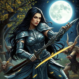 A stunning female warrior with long black hair, inspired by a mystical moon theme, fiercely battling against elves in a fantastical forest setting