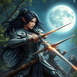 A stunning female warrior with long black hair, inspired by a mystical moon theme, fiercely battling against elves in a fantastical forest setting