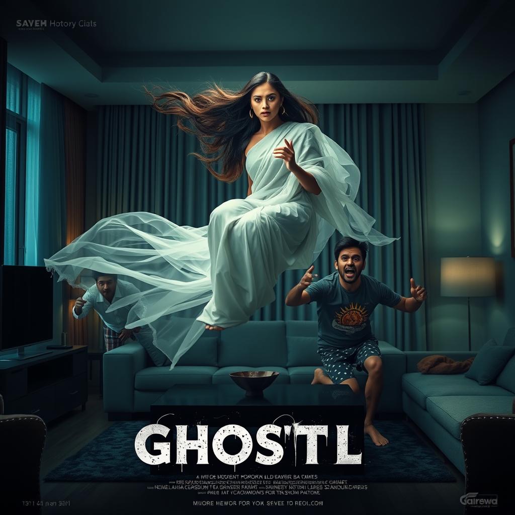 A cinematic horror comedy film poster featuring a very beautiful 30-year-old Indian modern ghost woman with long flowing hair, dressed in a traditional yet ethereal white saree, sitting gracefully while flying in the air within a modern flat