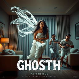 A cinematic horror comedy film poster featuring a very beautiful 30-year-old Indian modern ghost woman with long flowing hair, dressed in a traditional yet ethereal white saree, sitting gracefully while flying in the air within a modern flat