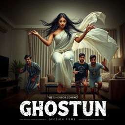 A cinematic horror comedy film poster featuring a very beautiful 30-year-old Indian modern ghost woman with long flowing hair, dressed in a traditional yet ethereal white saree, sitting gracefully while flying in the air within a modern flat