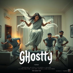 A cinematic horror comedy film poster featuring a very beautiful 30-year-old Indian modern ghost woman with long flowing hair, dressed in a traditional yet ethereal white saree, sitting gracefully while flying in the air within a modern flat