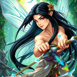 A beautiful female fairy character with long black hair, passionately engaged in battle against elven warriors