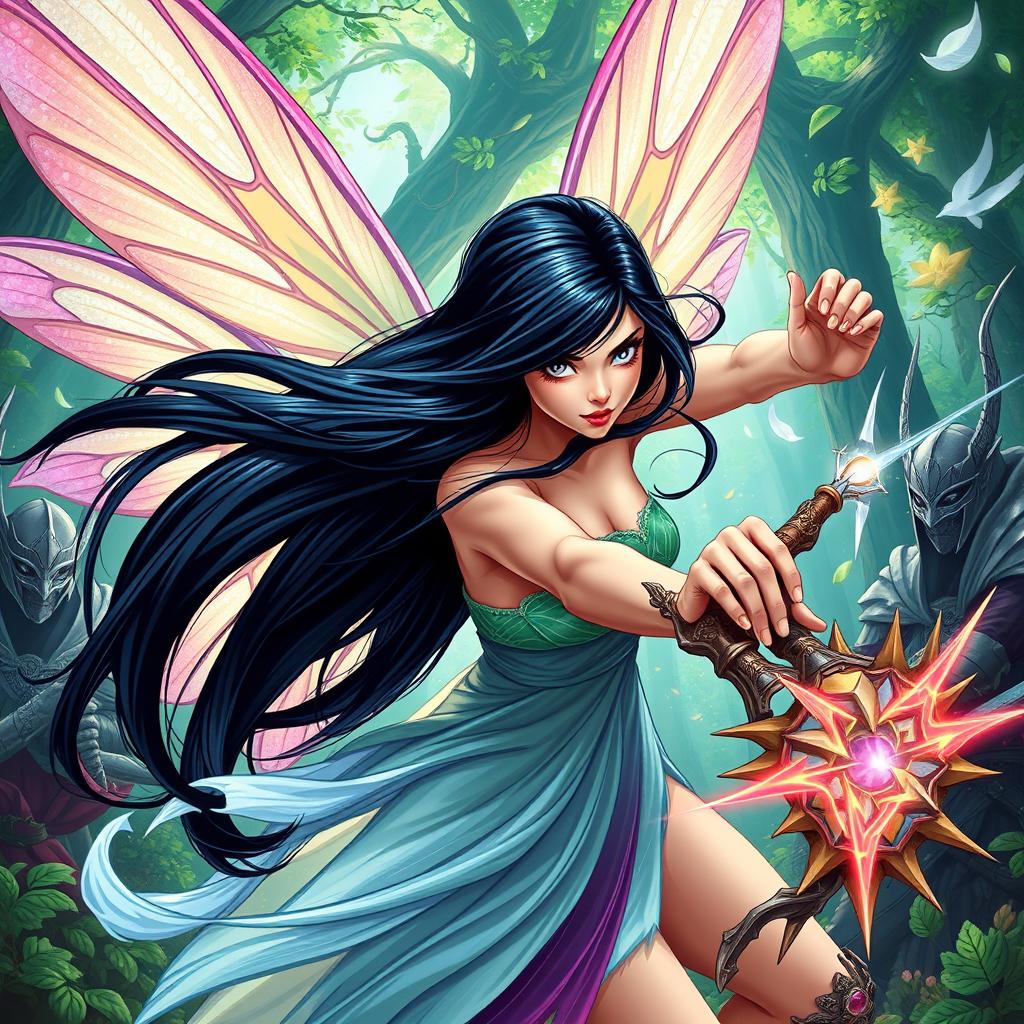 A beautiful female fairy character with long black hair, passionately engaged in battle against elven warriors