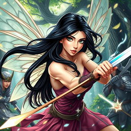 A beautiful female fairy character with long black hair, passionately engaged in battle against elven warriors