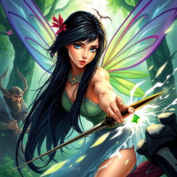 A beautiful female fairy character with long black hair, passionately engaged in battle against elven warriors