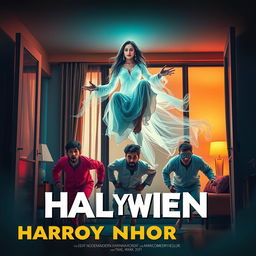 A cinematic horror comedy film poster featuring a stunningly beautiful 30-year-old Indian modern ghost woman with long flowing hair, ethereal clothing, and an enchanting expression, gracefully sitting and flying in the air inside a stylish flat