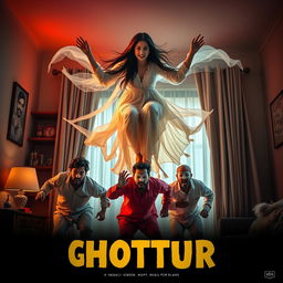 A cinematic horror comedy film poster featuring a stunningly beautiful 30-year-old Indian modern ghost woman with long flowing hair, ethereal clothing, and an enchanting expression, gracefully sitting and flying in the air inside a stylish flat