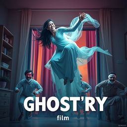 A cinematic horror comedy film poster featuring a stunningly beautiful 30-year-old Indian modern ghost woman with long flowing hair, ethereal clothing, and an enchanting expression, gracefully sitting and flying in the air inside a stylish flat