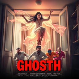 A cinematic horror comedy film poster featuring a stunningly beautiful 30-year-old Indian modern ghost woman with long flowing hair, ethereal clothing, and an enchanting expression, gracefully sitting and flying in the air inside a stylish flat