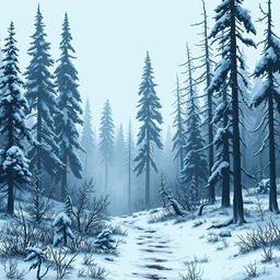 A dark forest scene depicting a snow-covered landscape, featuring tall, shadowy trees under a thick layer of white snow