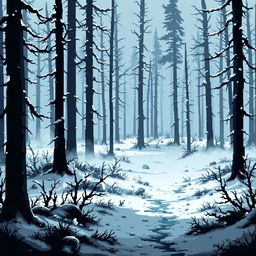 A dark forest scene depicting a snow-covered landscape, featuring tall, shadowy trees under a thick layer of white snow