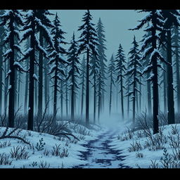 A dark forest scene depicting a snow-covered landscape, featuring tall, shadowy trees under a thick layer of white snow