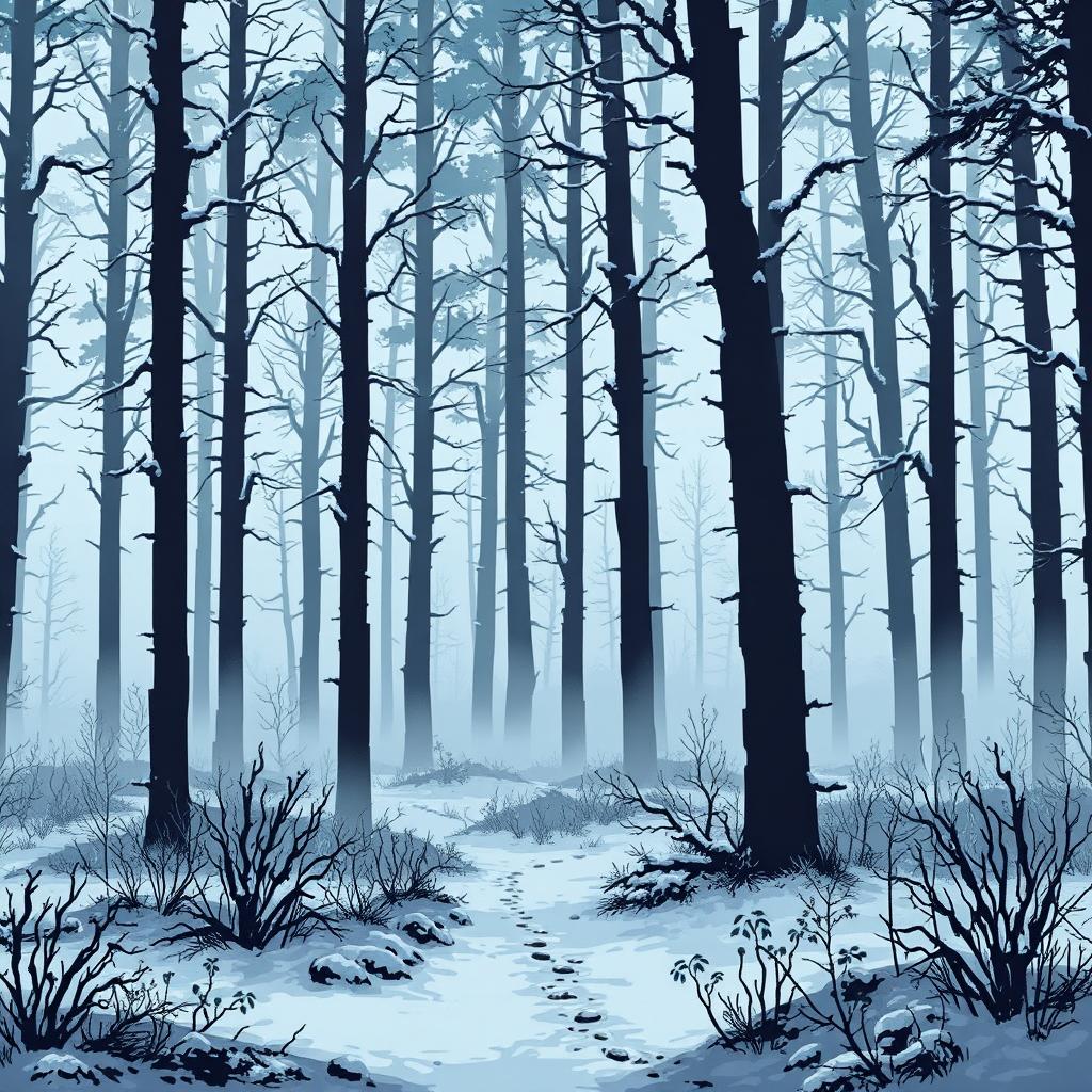 A dark forest scene depicting a snow-covered landscape, featuring tall, shadowy trees under a thick layer of white snow