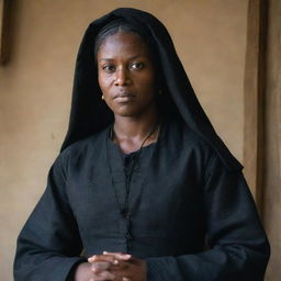 A realistic, historical portrayal of Tituba, an important figure in 17th century Salem, wearing traditional clothing of the period.