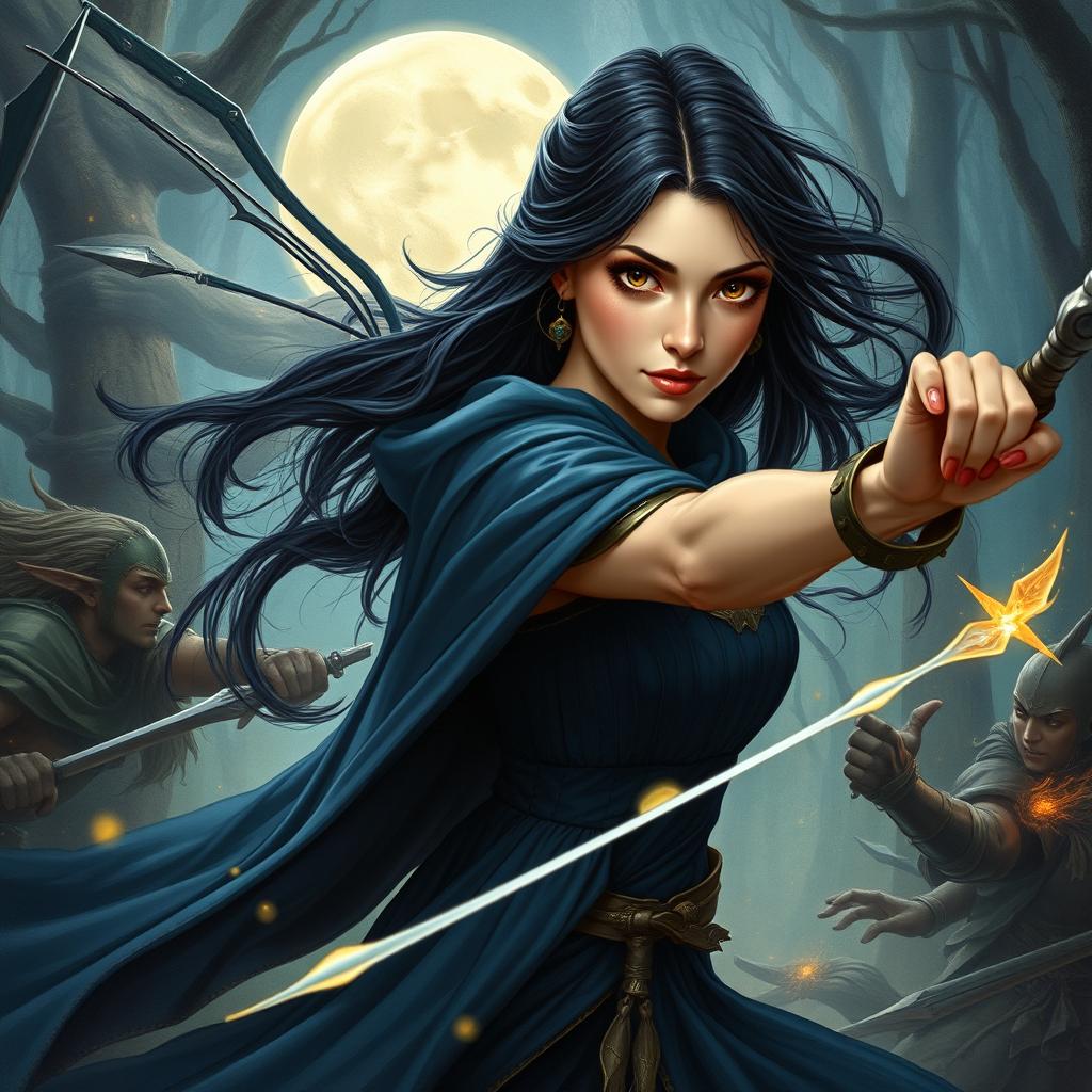 A stunning female moon fairy with long black hair and deep brown eyes, fiercely fighting against elven warriors