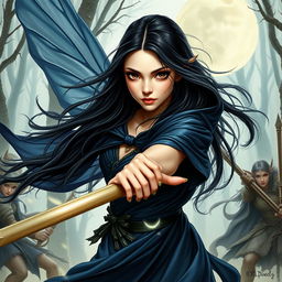 A stunning female moon fairy with long black hair and deep brown eyes, fiercely fighting against elven warriors