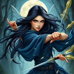 A stunning female moon fairy with long black hair and deep brown eyes, fiercely fighting against elven warriors