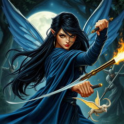 A stunning female moon fairy with long black hair and deep brown eyes, fiercely fighting against elven warriors