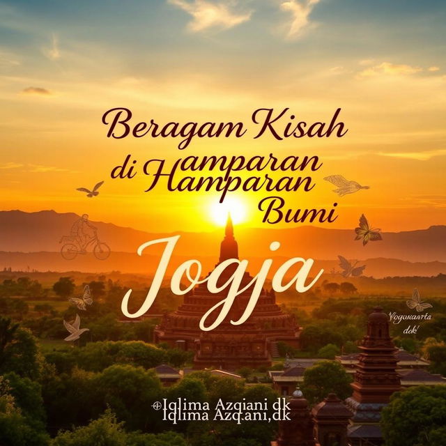 A stunning landscape of Yogyakarta featuring the majestic Borobudur Temple or the iconic Merapi Mountain under a warm sunset sky, reminiscing the beautiful hues of orange and gold