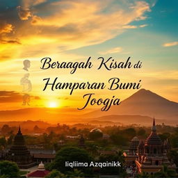 A stunning landscape of Yogyakarta featuring the majestic Borobudur Temple or the iconic Merapi Mountain under a warm sunset sky, reminiscing the beautiful hues of orange and gold