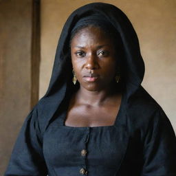 A realistic, historical portrayal of Tituba, an important figure in 17th century Salem, wearing traditional clothing of the period.