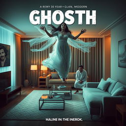 A cinematic horror comedy film poster featuring a very beautiful 30-year-old Indian modern ghost woman, ethereal and graceful, floating in mid-air inside a stylish flat