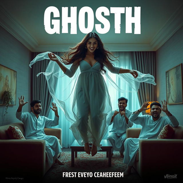 A cinematic horror comedy film poster featuring a very beautiful 30-year-old Indian modern ghost woman, ethereal and graceful, floating in mid-air inside a stylish flat