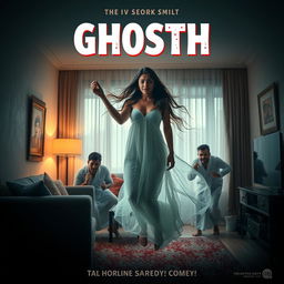 A cinematic horror comedy film poster featuring a very beautiful 30-year-old Indian modern ghost woman, ethereal and graceful, floating in mid-air inside a stylish flat