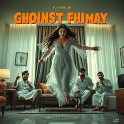 A cinematic horror comedy film poster featuring a very beautiful 30-year-old Indian modern ghost woman, ethereal and graceful, floating in mid-air inside a stylish flat