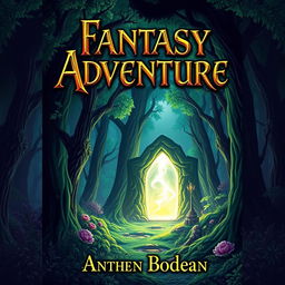 A fantasy adventure book cover featuring a magical forest with a glowing portal