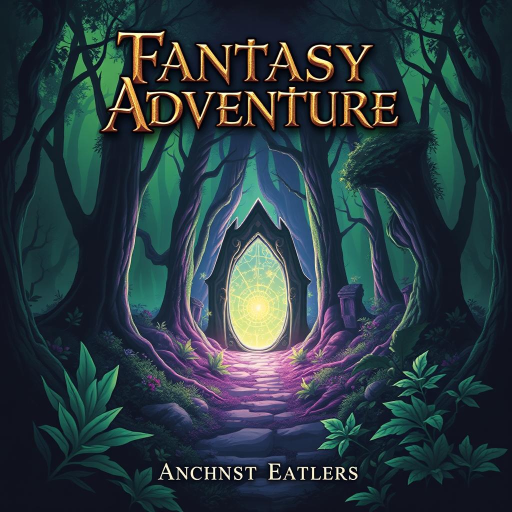 A fantasy adventure book cover featuring a magical forest with a glowing portal