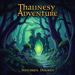 A fantasy adventure book cover featuring a magical forest with a glowing portal