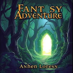 A fantasy adventure book cover featuring a magical forest with a glowing portal