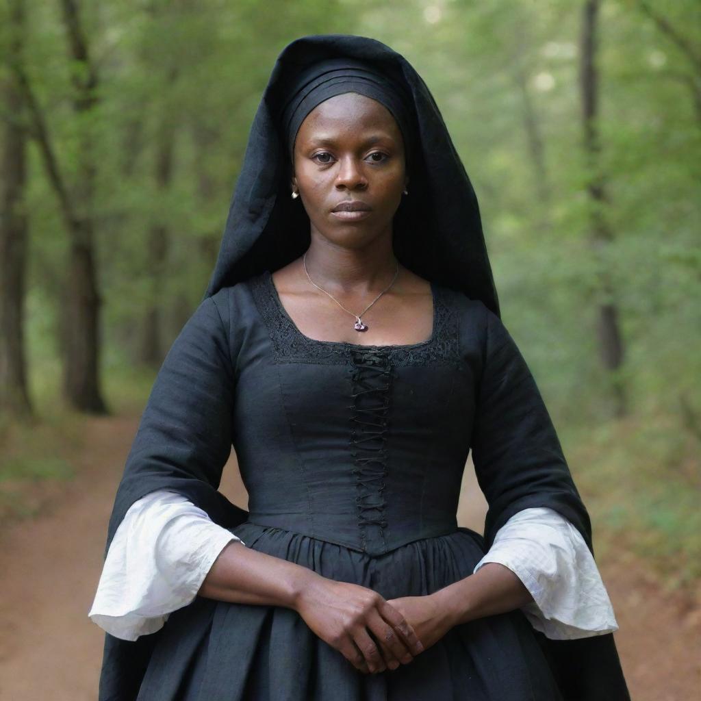 A realistic, historical portrayal of Tituba, an important figure in 17th century Salem, wearing traditional clothing of the period.