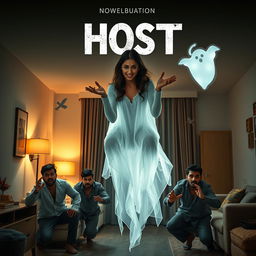 A cinematic horror-comedy film poster featuring a very beautiful 30-year-old Indian modern ghost woman, ethereal and glowing, seated and floating in the air inside a flat