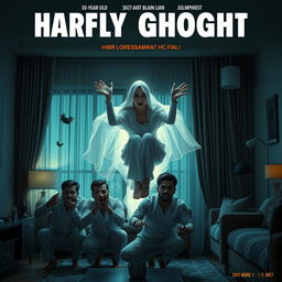 A cinematic horror-comedy film poster featuring a very beautiful 30-year-old Indian modern ghost woman, ethereal and glowing, seated and floating in the air inside a flat