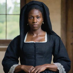 A realistic, historical portrayal of Tituba, an important figure in 17th century Salem, wearing traditional clothing of the period.