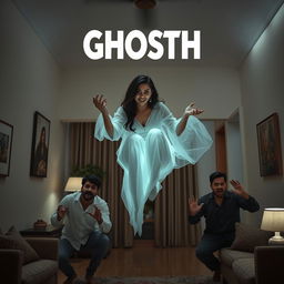 A cinematic horror-comedy film poster featuring a very beautiful 30-year-old Indian modern ghost woman, ethereal and glowing, seated and floating in the air inside a flat