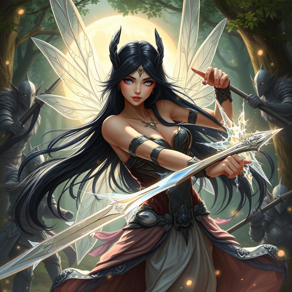 A captivating female moon fairy with long black hair and glossy black eyes, beautifully engaged in combat against elven warriors