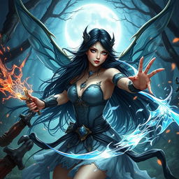 A captivating female moon fairy with long black hair and glossy black eyes, beautifully engaged in combat against elven warriors