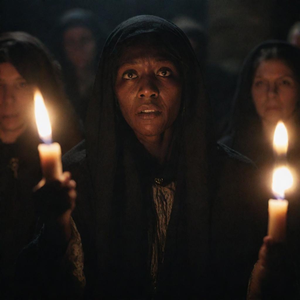 A dramatic portrayal of Tituba during the Salem witch trials. Illuminate her in a low, menacing light that emphasizes her intense expression, as she conjures dark magic amidst a murmuring crowd.