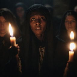 A dramatic portrayal of Tituba during the Salem witch trials. Illuminate her in a low, menacing light that emphasizes her intense expression, as she conjures dark magic amidst a murmuring crowd.