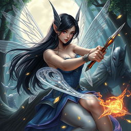 A captivating female moon fairy with long black hair and glossy black eyes, beautifully engaged in combat against elven warriors