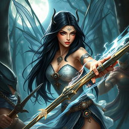 A captivating female moon fairy with long black hair and glossy black eyes, beautifully engaged in combat against elven warriors