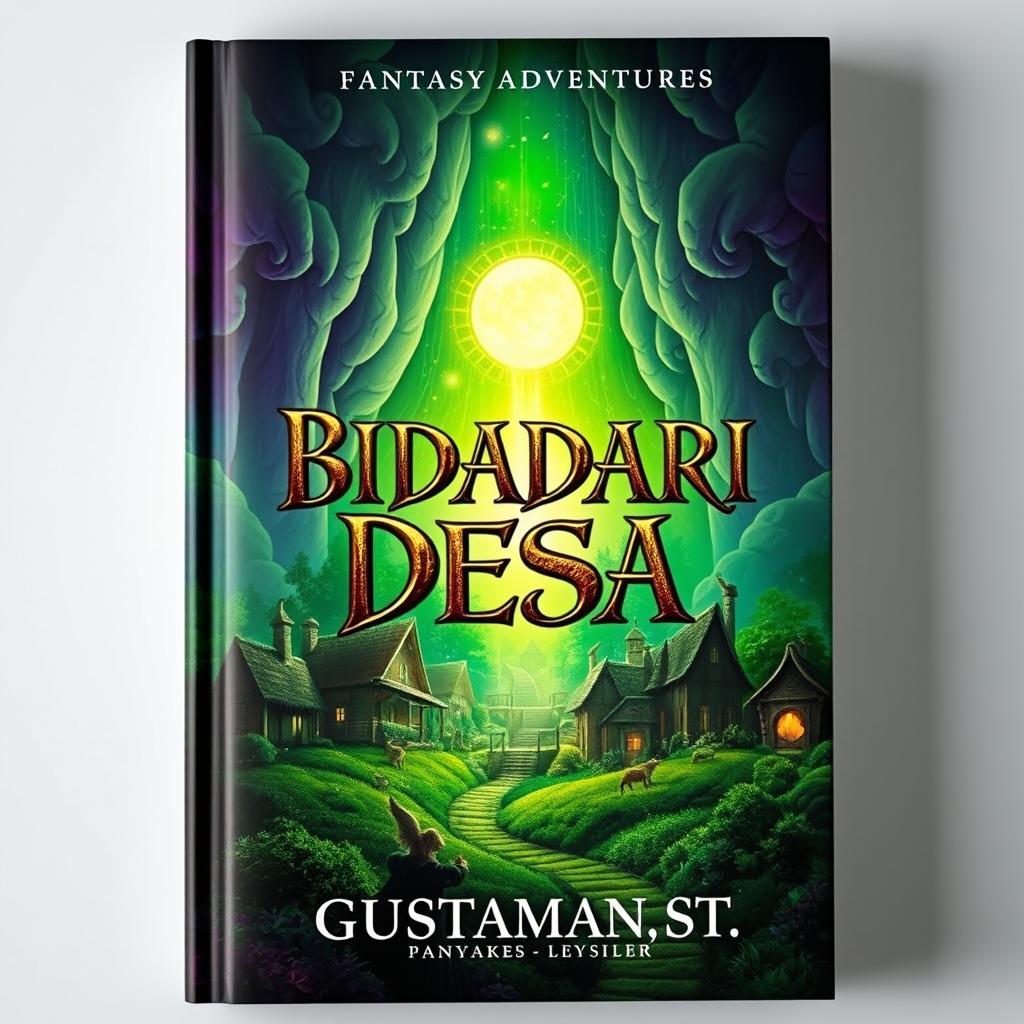 A fantasy adventure book cover featuring a magical village with a glowing portal