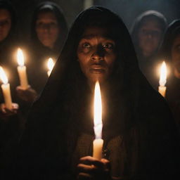 A dramatic portrayal of Tituba during the Salem witch trials. Illuminate her in a low, menacing light that emphasizes her intense expression, as she conjures dark magic amidst a murmuring crowd.