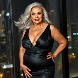 A voluptuous woman over 60 with flowing silver hair, wearing a fitted black satin gown that accentuates her curves and cleavage